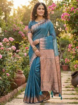 Sutriti - Blue Handloom Cotton Copper Border & Tassel Pallu Saree with Unstitched Blouse