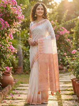 Sutriti - White Handloom Cotton Copper Border & Tassel Pallu Saree with Unstitched Blouse