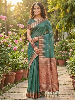 Sutriti - Green Handloom Cotton Copper Border & Tassel Pallu Saree with Unstitched Blouse