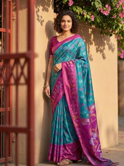 Sutriti - Aqua Pochampalli Traditional Ikat Pallu Saree with Unstitched Blouse