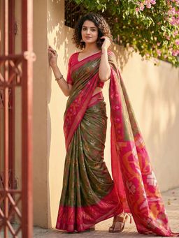 Sutriti - Olive Pochampalli Traditional Ikat Pallu Saree with Unstitched Blouse