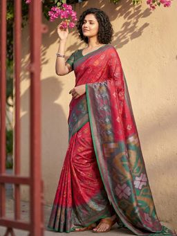 Sutriti - Red Pochampalli Traditional Ikat Pallu Saree with Unstitched Blouse