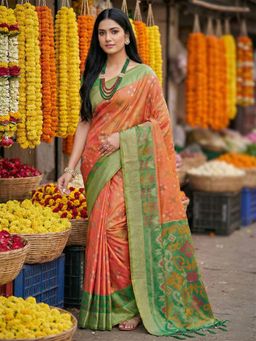 Sutriti - Orange Pochampalli Ikat Woven Pallu Saree with Unstitched Blouse
