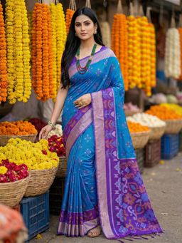 Sutriti - Blue Pochampalli Ikat Woven Pallu Saree with Unstitched Blouse