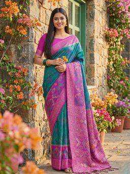 Sutriti - Teal Blue Woven Pochampalli Silk Traditional Saree with Unstitched Blouse