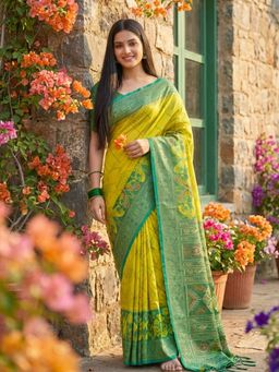 Sutriti - Yellow Woven Pochampalli Silk Traditional Saree with Unstitched Blouse