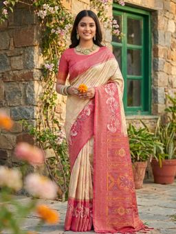 Sutriti - Cream Woven Pochampalli Silk Traditional Saree with Unstitched Blouse