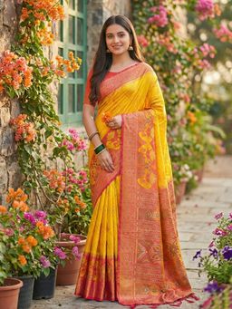 Sutriti - Yellow Woven Pochampalli Silk Traditional Saree with Unstitched Blouse