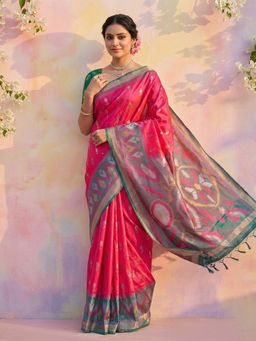 Sutriti - Pink Ikat Printed Pochampalli Silk Tassels Saree with Unstitched Blouse