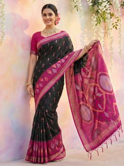 Sutriti - Black Ikat Printed Pochampalli Silk Tassels Saree with Unstitched Blouse