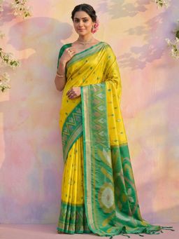 Sutriti - Yellow Ikat Printed Pochampalli Silk Tassels Saree with Unstitched Blouse