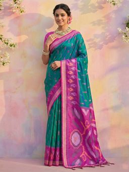 Sutriti - Teal Ikat Printed Pochampalli Silk Tassels Saree with Unstitched Blouse