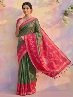 Sutriti - Olive Ikat Printed Pochampalli Silk Tassels Saree with Unstitched Blouse