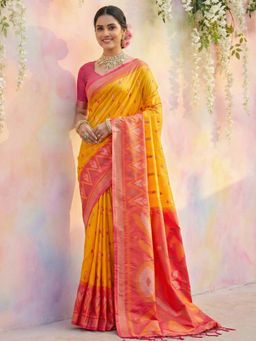 Sutriti - Yellow Ikat Printed Pochampalli Silk Tassels Saree with Unstitched Blouse