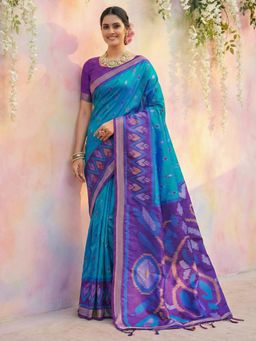 Sutriti - Blue Ikat Printed Pochampalli Silk Tassels Saree with Unstitched Blouse