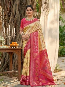 Sutriti - Cream Ikat Printed Pochampalli Silk Tassels Saree with Unstitched Blouse