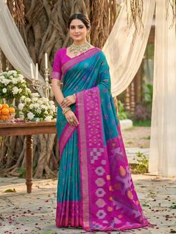 Sutriti - Teal Ikat Printed Pochampalli Silk Tassels Saree with Unstitched Blouse