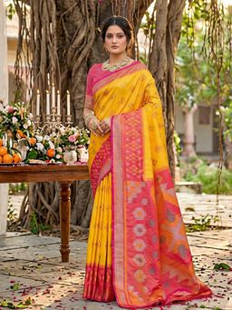 Sutriti - Yellow Ikat Printed Pochampalli Silk Tassels Saree with Unstitched Blouse
