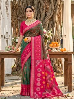 Sutriti - Olive Ikat Printed Pochampalli Silk Tassels Saree with Unstitched Blouse