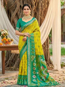 Sutriti - Mustard Ikat Printed Pochampalli Silk Tassels Saree with Unstitched Blouse