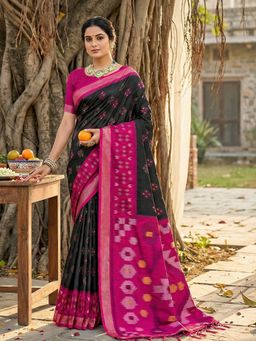 Sutriti - Black Ikat Printed Pochampalli Silk Tassels Saree with Unstitched Blouse