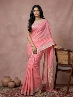 Sutriti - Coral Pink Pure Linen Zari Border Saree with Unstitched Blouse