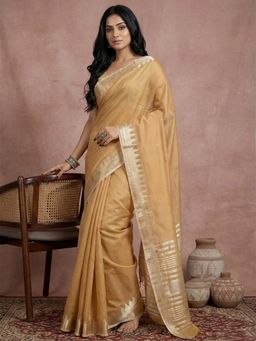 Sutriti - Gold Pure Linen Zari Border Saree with Unstitched Blouse