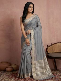 Sutriti - Grey Pure Linen Zari Border Saree with Unstitched Blouse