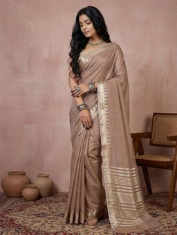 Sutriti - Beige Pure Linen Zari Border Saree with Unstitched Blouse