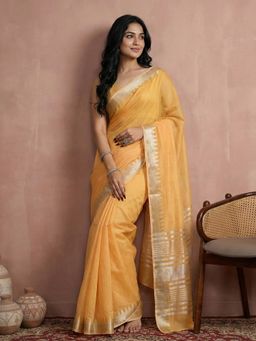 Sutriti - Mustard Pure Linen Zari Border Saree with Unstitched Blouse