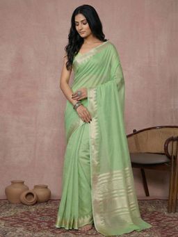 Sutriti - Green Pure Linen Zari Border Saree with Unstitched Blouse