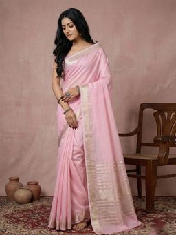 Sutriti - Pink Pure Linen Zari Border Saree with Unstitched Blouse