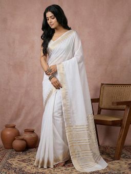 Sutriti - White Pure Linen Zari Border Saree with Unstitched Blouse