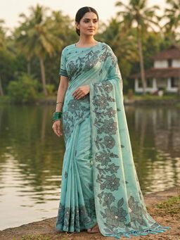 Sutriti - Sky Blue Floral Printed Soft Lightweight Saree with Unstitched Blouse