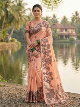Sutriti - Peach Floral Printed Soft Lightweight Saree with Unstitched Blouse