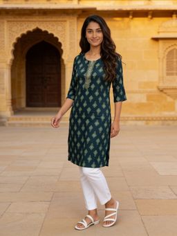 Rangita - Teal Rayon Embroidered Straight Knee Length Kurta