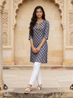 Rangita - Blue Rayon Embroidered Straight Knee Length Kurta