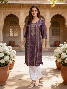 Rangita - Purple Poly Viscose Embroidered Straight Kurta