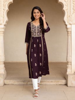 Rangita - Wine Poly Viscose Embroidered Flared Kurta