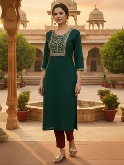 Rangita - Green Poly Viscose Embroidered Straight Kurta