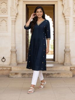 Rangita - Blue Poly Viscose Embroidered Flared Kurta