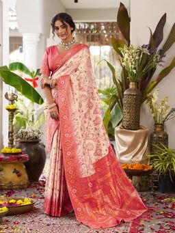 Sutriti - Off White Woven Banarasi Silk Blend Zari Border Saree with Unstitched Blouse