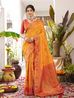Sutriti - Orange Woven Banarasi Silk Blend Zari Border Saree with Unstitched Blouse