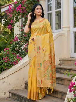 Sutriti - Mustard Yellow Woven Linen Artistic Pallu & Tassels Saree with Unstitched Blouse