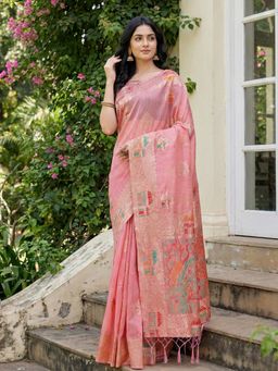 Sutriti - Pink Woven Linen Artistic Pallu & Tassels Saree with Unstitched Blouse