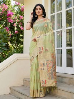 Sutriti - Green Woven Linen Artistic Pallu & Tassels Saree with Unstitched Blouse