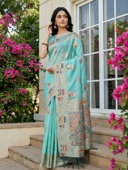 Sutriti - Turquoise Woven Linen Artistic Pallu & Tassels Saree with Unstitched Blouse