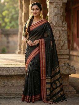 Sutriti - The Midnight Luxurious Black Zari Border Saree with Unstitched Blouse