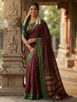 Sutriti - The Regal Ruby Deep Maroon Contrast Border Saree with Unstitched Blouse