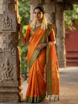 Sutriti - Orange Contrast Zari Border Saree with Unstitched Blouse